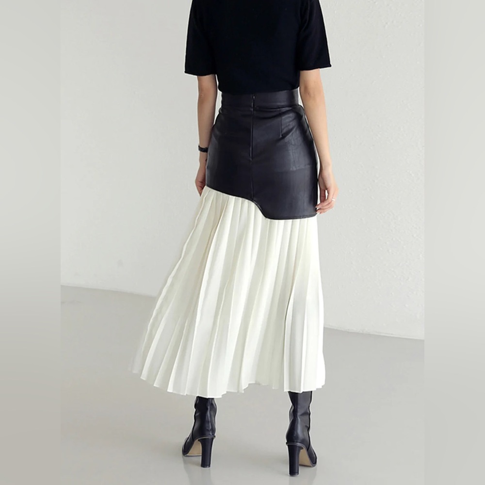 074. Commense Asymmetric Patchwork Faux Leather Chiffon Pleated Maxi Skirt M - Picture 2 of 4
